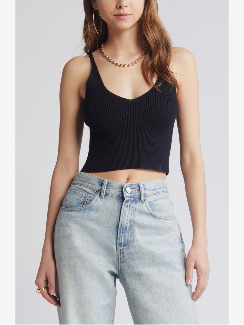 Open Edit Luxe Sculpt Black Ribbed V-Neck Crop Tank Top Size L